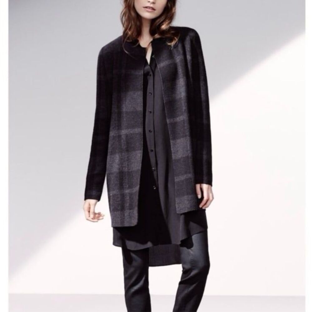 Eileen Fisher Plaid Felt Merino Wool Open Front Jacket Cardigan Size Small